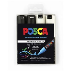Uni Posca Paint Marker PC-7M  Broad 4.5mm Bullet Tip  Black and White Pack of 4