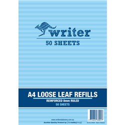 Writer Binder Refills A4 8mm Ruled Reinforced Pack of 50
